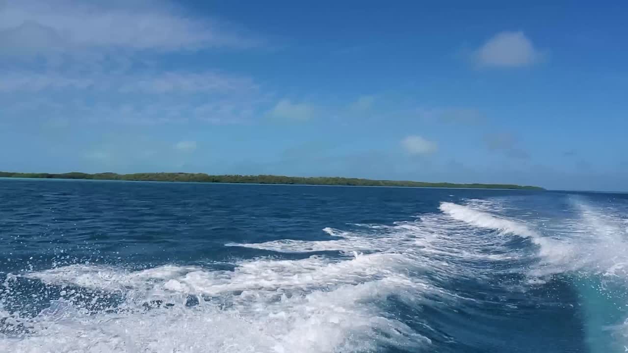 물 위를 항해하는 모터 보트에 의해 생성된 포브 파도, 바다 표면에 낮은 각도 스플래시