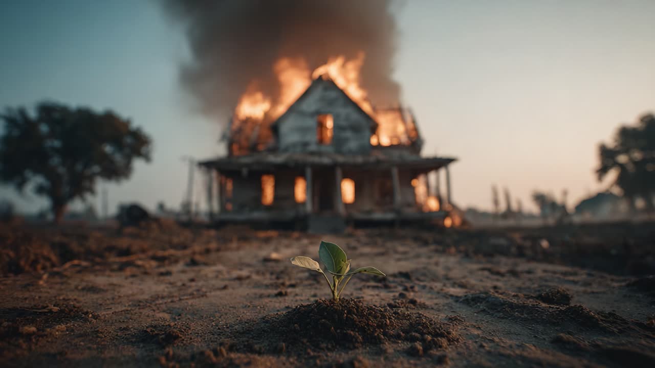 Speranza emergente: una piccola pianta cresce resilientemente in primo piano tra le fiamme e la distruzione di una casa in fiamme sullo sfondo