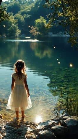 young girl in white dress stands by serene lake during twilight