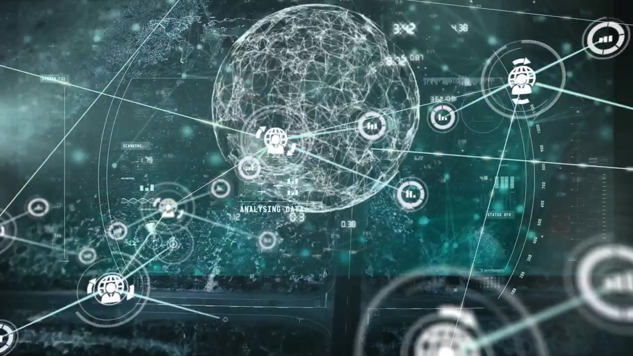 Animation of network of connections with icons and data processing