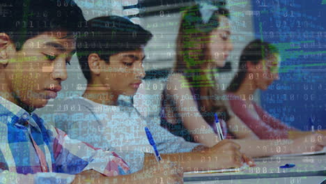 animación de código binario en una clase de alumnos diversos que aprenden en la escuela