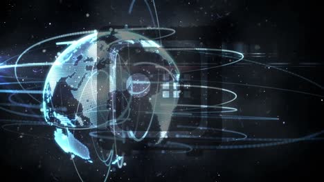 Digitale-Animation-Des-Sicherheitstresor-Symbols-über-Lichtspuren-über-Einem-Sich-Drehenden-Globus-Auf-Schwarzem-Hintergrund