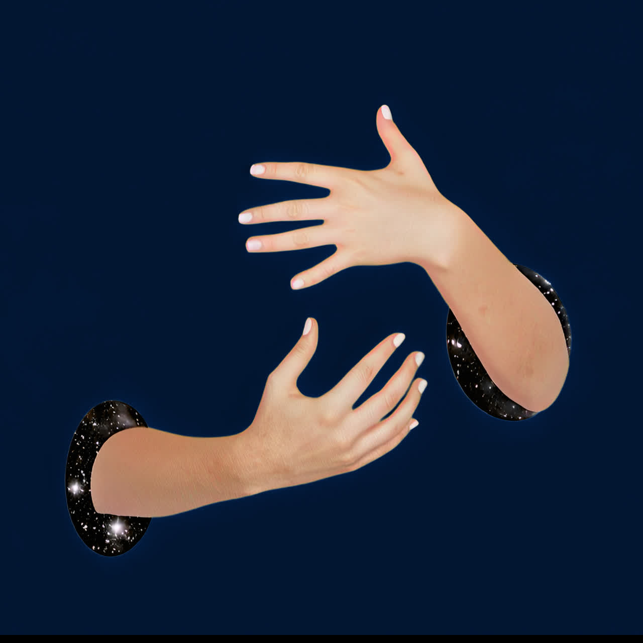 Surreal cosmic hands reaching animation isolated asset, transparent 4K video, alpha channel, ProRes