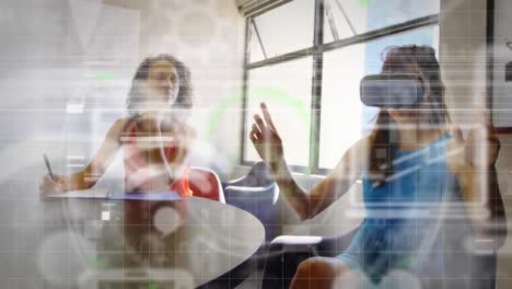 animation of data processing and social media icons over mixed race women wearing vr headset