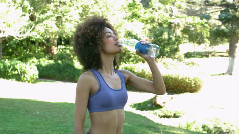 fit brunette drinking water after her jog in the park