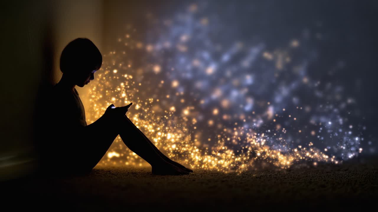 Una silhouette di un bambino assorto nel suo dispositivo, circondato da un bagliore magico e meraviglioso, che ritrae l'intersezione tra tecnologia e immaginazione