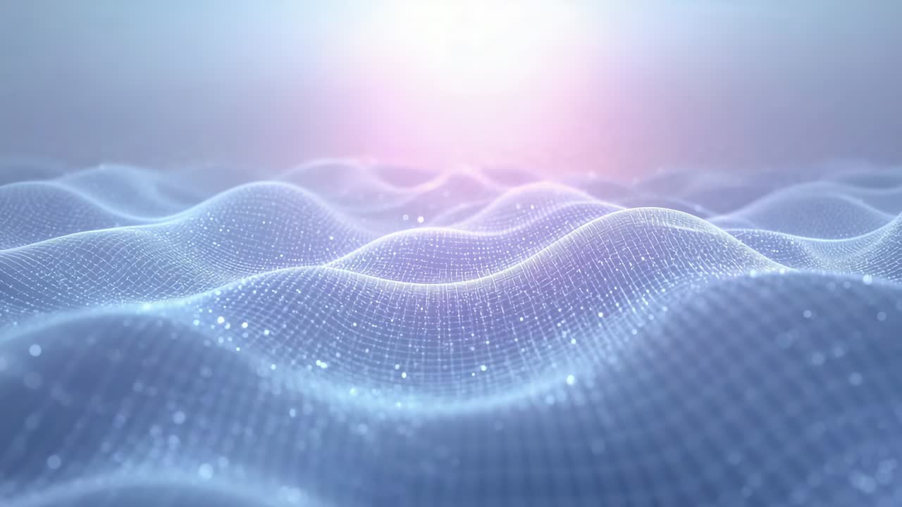 Moving virtual dolly, luminous wavy mesh revealing grid detail, rim lighting, sparks, pastel glow