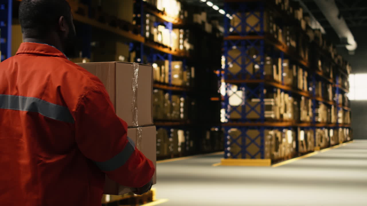 African american staff sorting cardboard packages in logistics warehouse