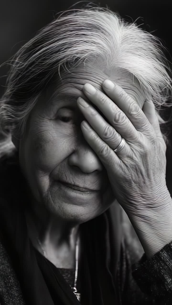 Um retrato íntimo de uma mulher idosa cobrindo o rosto, capturando emoção e sabedoria através das expressões da idade em um estilo preto e branco