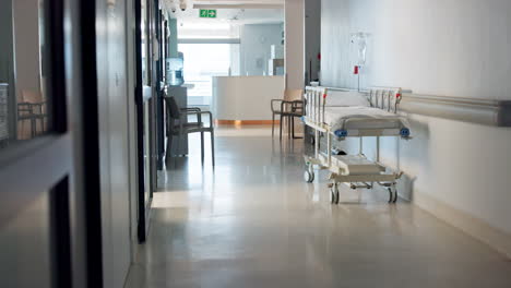 Empty-hospital,-corridor-and-bed-for-healthcare