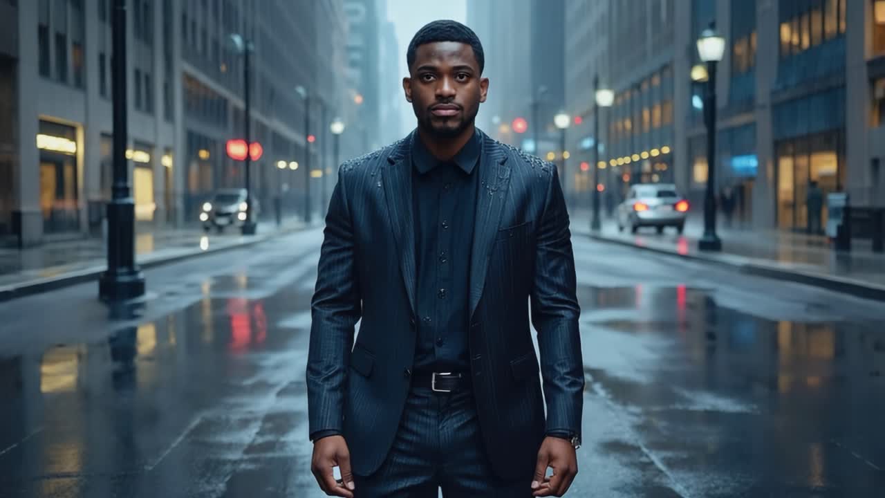 Man in Suit Standing on Wet City Street in the Rain