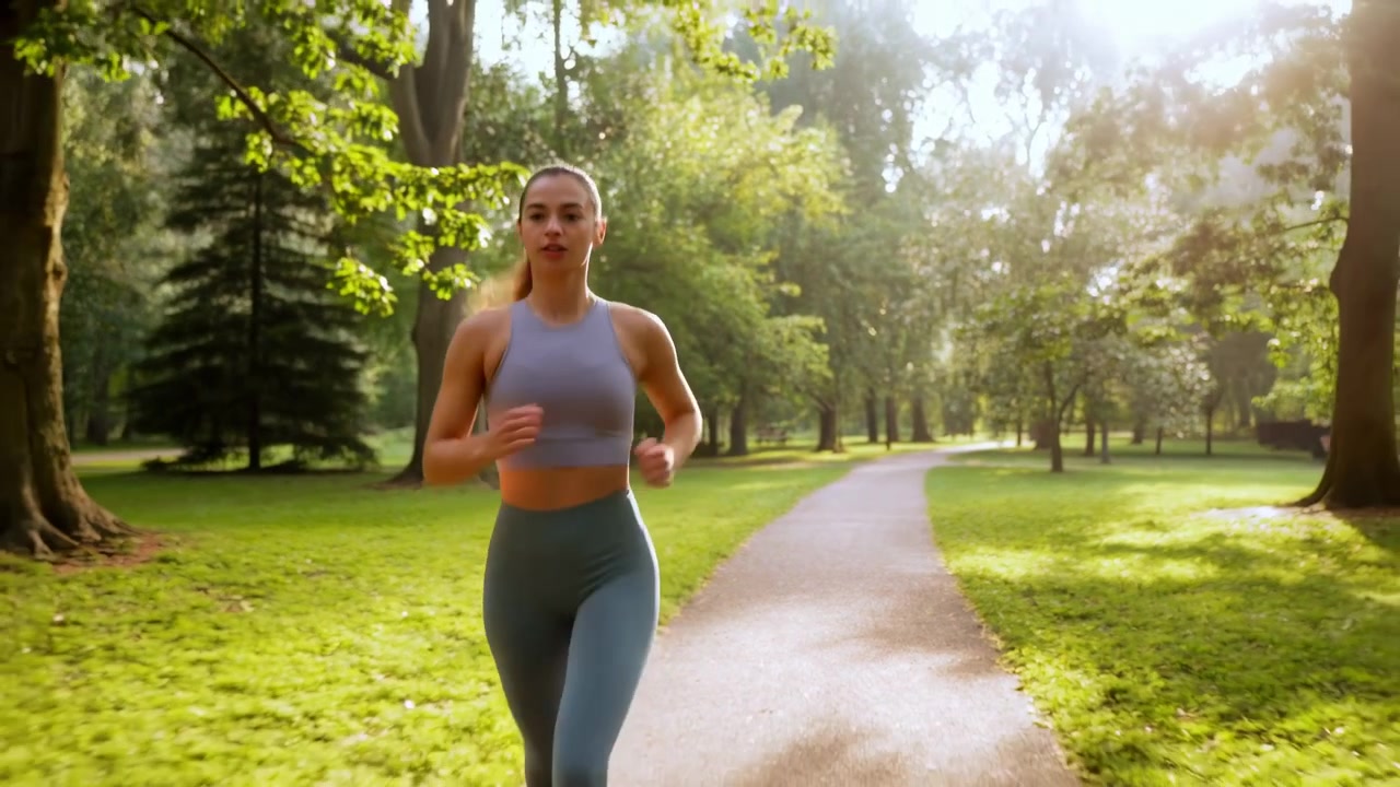 Giovane donna atletica che fa jogging verso la telecamera su un sentiero lastricato e curvo in un parco cittadino illuminato dal sole, con un forte controluce, una luce di contorno brillante, alberi verdi, un prato aperto e una profondità naturale.
