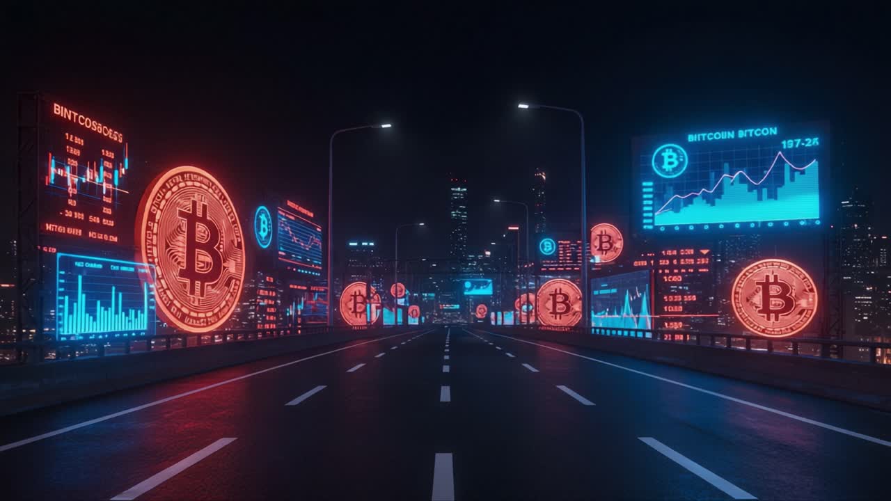 Futuristic Cityscape with Neon Cryptocurrency Visuals: A Stunning Digital Art Representation Showcasing Bitcoin Analytics and Market Trends in a High-Tech Urban Environment