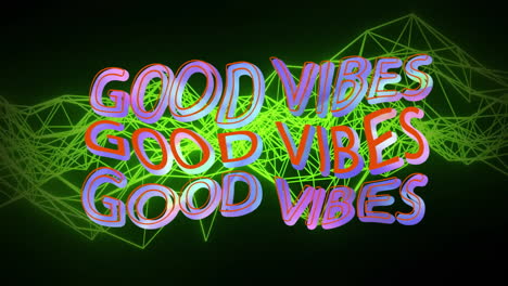 animation of colourful good vibes text distorting over glowing green network on dark background