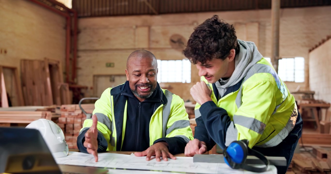 Two Construction Workers Reviewing Blueprints in a Workshop