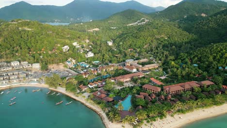 koh phangan paradisaical beach mountain village landscape drone fly establishing thailand's natural travel destination