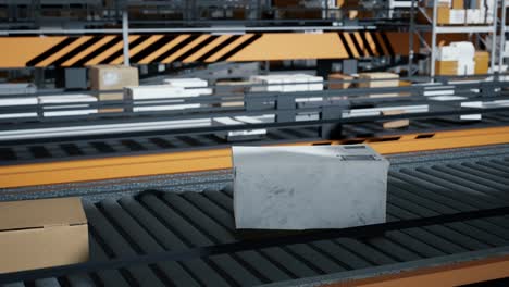 close up of packaging box on the conveyor belt, 3d rendering. loop transmitting of cardboard boxes in a large scale smart distribution warehouse, production line