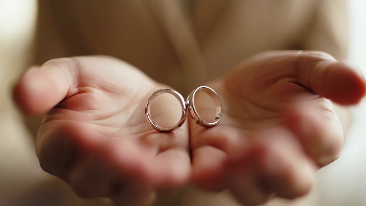 Closeup Hands Holding Wedding Rings, Best Man Presenting Two Simple Bands In Warm Soft Light With Shallow
