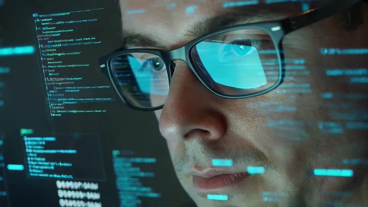 Close-up of Man's Eyes Reflected in Screen with Code