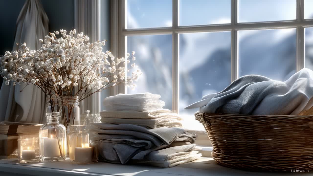 A Cozy Scene by the Window Featuring a Basket of Fresh Linens, Elegant Glass Jars, and a Beautiful Floral Arrangement with a Serene Mountain View in the Background, Inviting Relaxation and Warmth