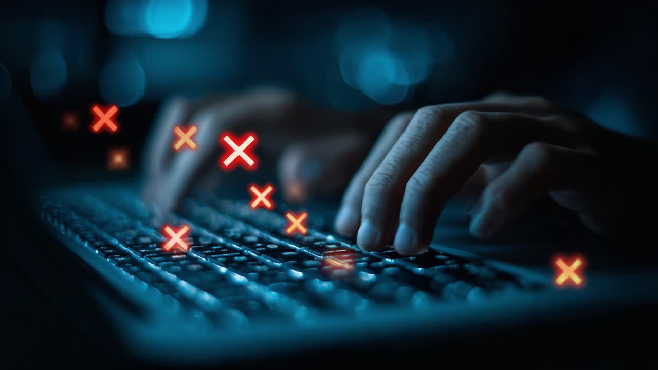 A focused individual typing on a keyboard in a dimly lit environment, highlighted by a series of red crosses, symbolizing challenges or errors in digital communication