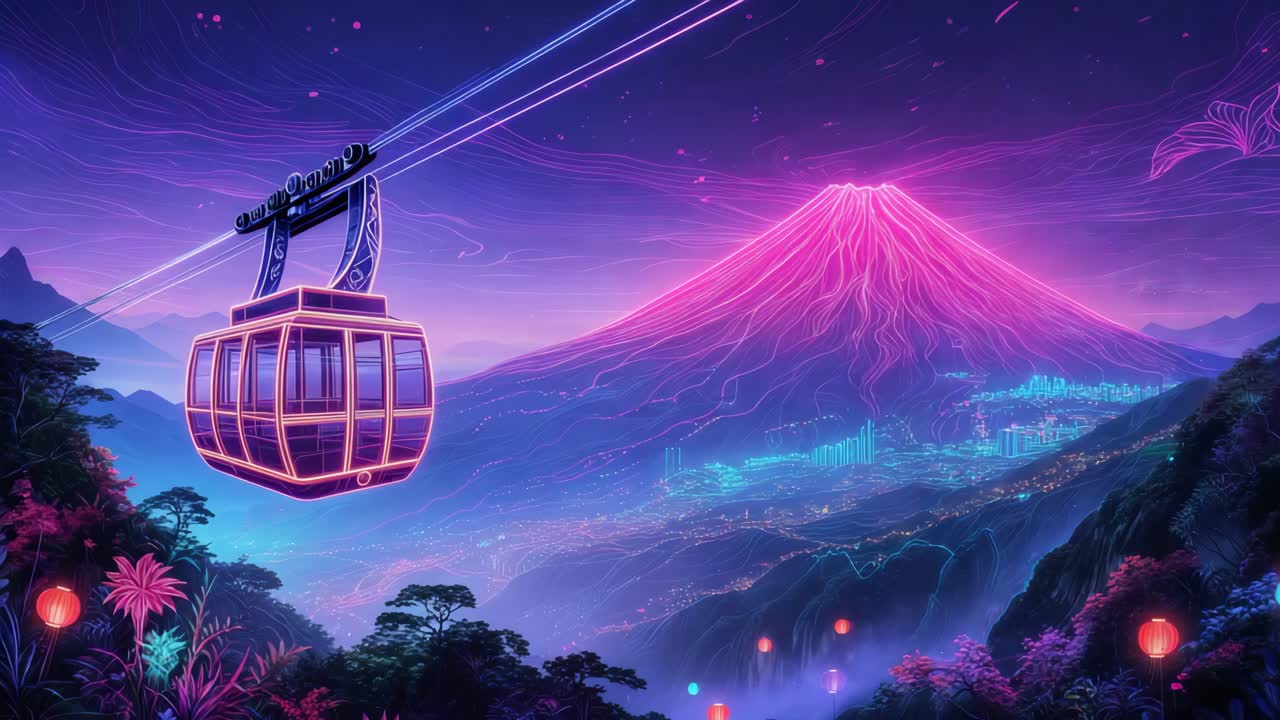 paisaje urbano de neón con teleférico y volcán