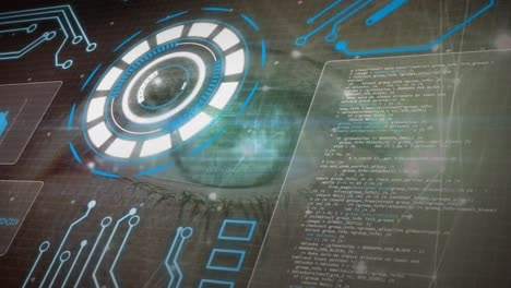 Animation of digital data processing and digital interface over dark background