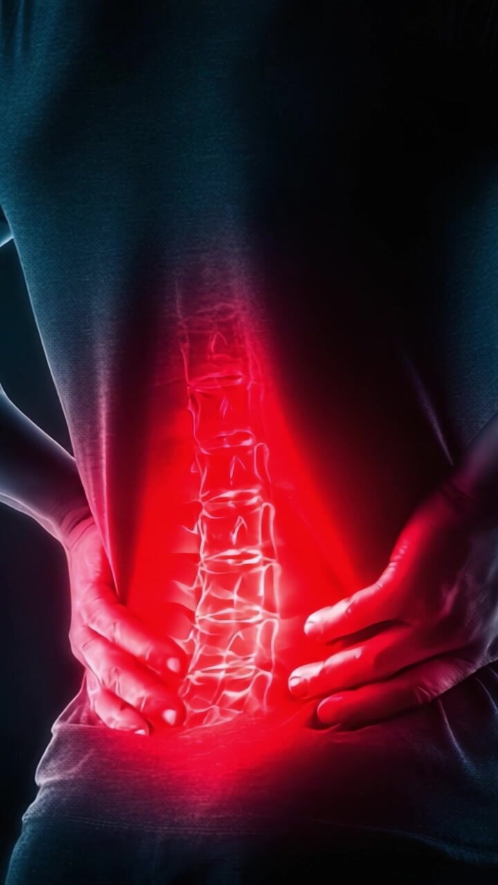 Visual Representation of Lumbar Pain: A Person Holding Their Lower Back with Radiating Light Symbolizing Discomfort and Spinal Stress