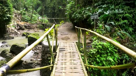 bamboo bridge crosses tropical river and waterfall in view from hiking path