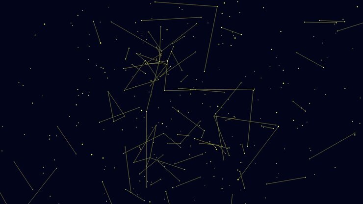Stunning stylized constellation in black and gold stars form hypnotic patterns in night sky