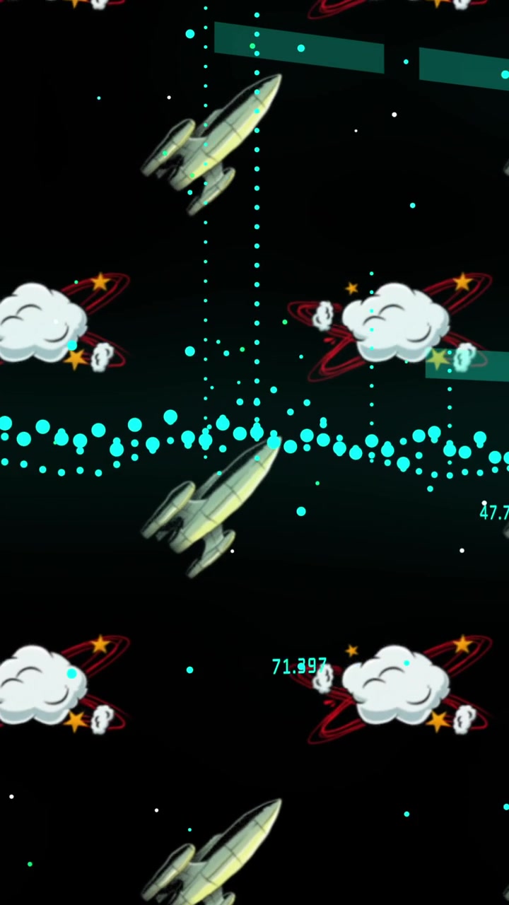 Animation of graph and data processing over rocket ships and clouds on black background
