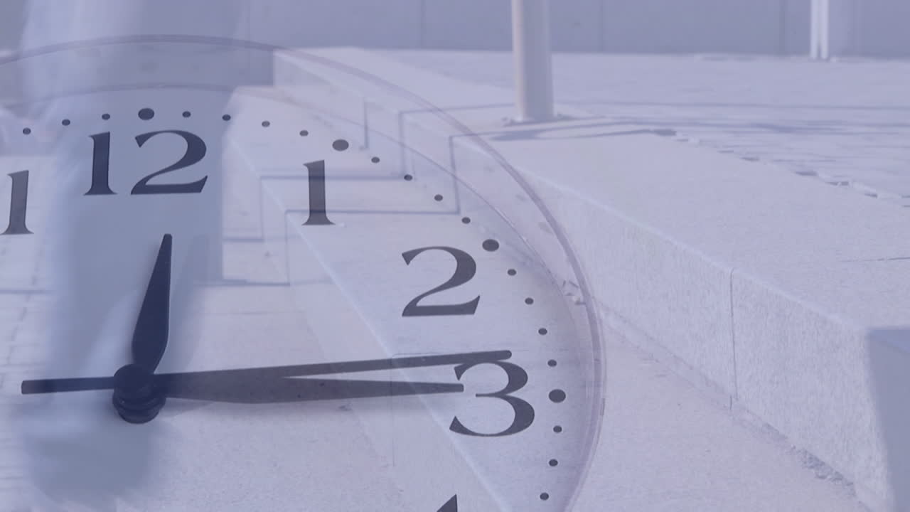 Animation of clock moving over people walking