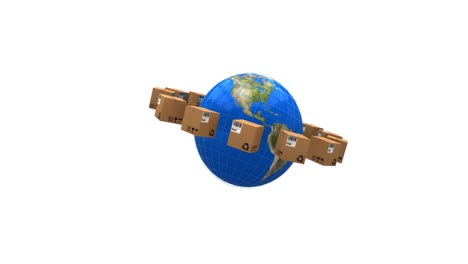 animation of globe and surrounded by cardboard boxes moving on white background