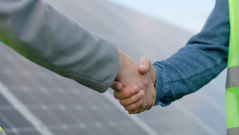 close-up view of handshake on solar plantation