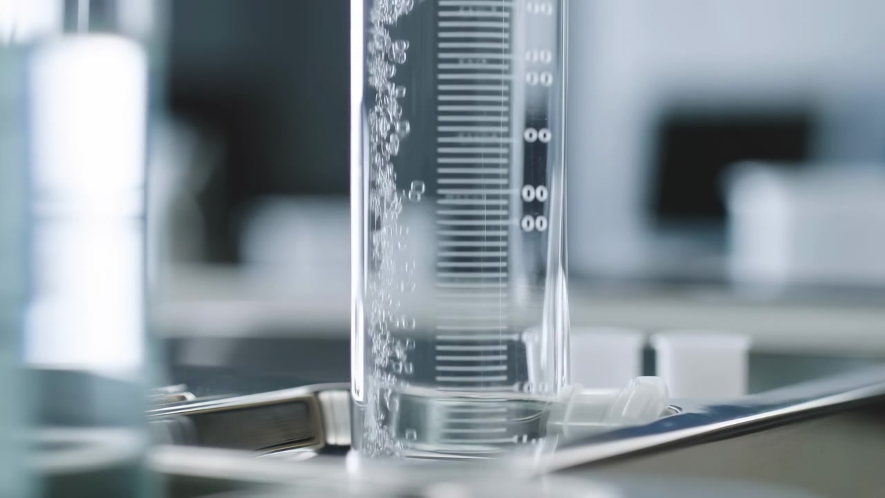 Vetreria da laboratorio trasparente riempita con liquido limpido e bolle attive, mostrata in uno spazio di lavoro scientifico leggermente sfocato con luce naturale fredda.