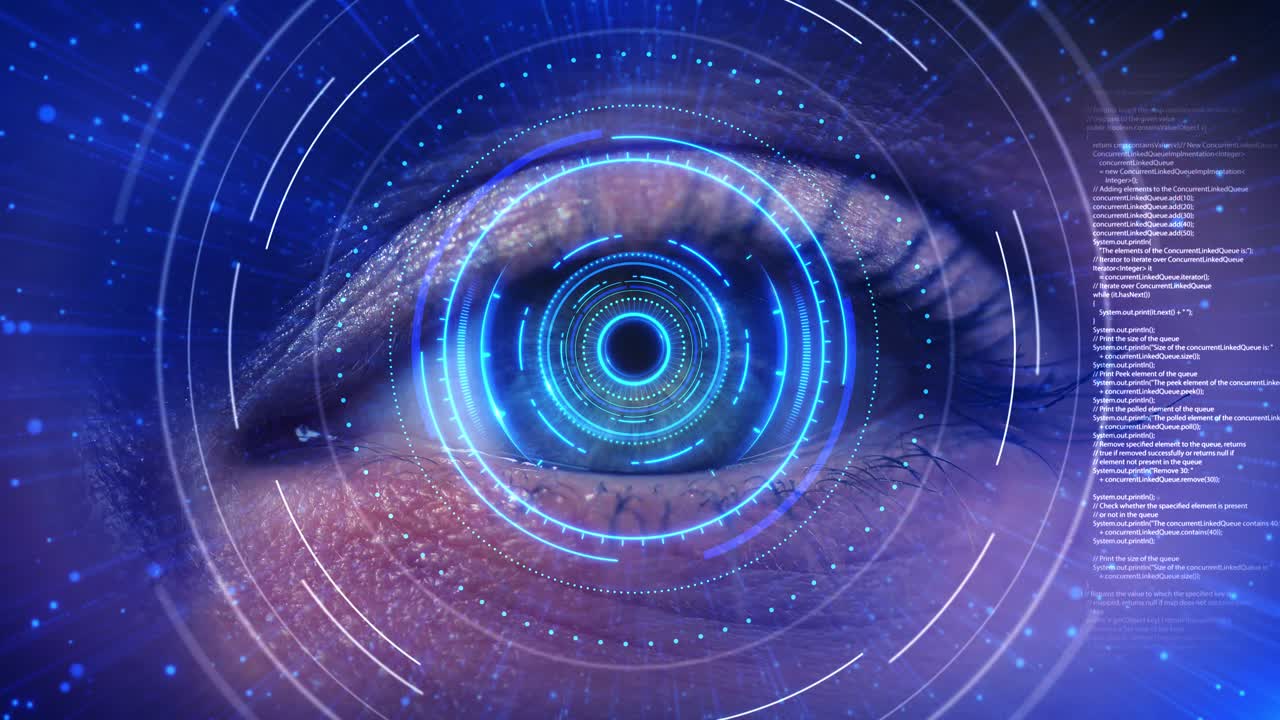 Scansione oculare, sicurezza biometrica futuristica, riconoscimento dell'iride, occhi blu, scansione visiva tecnologica