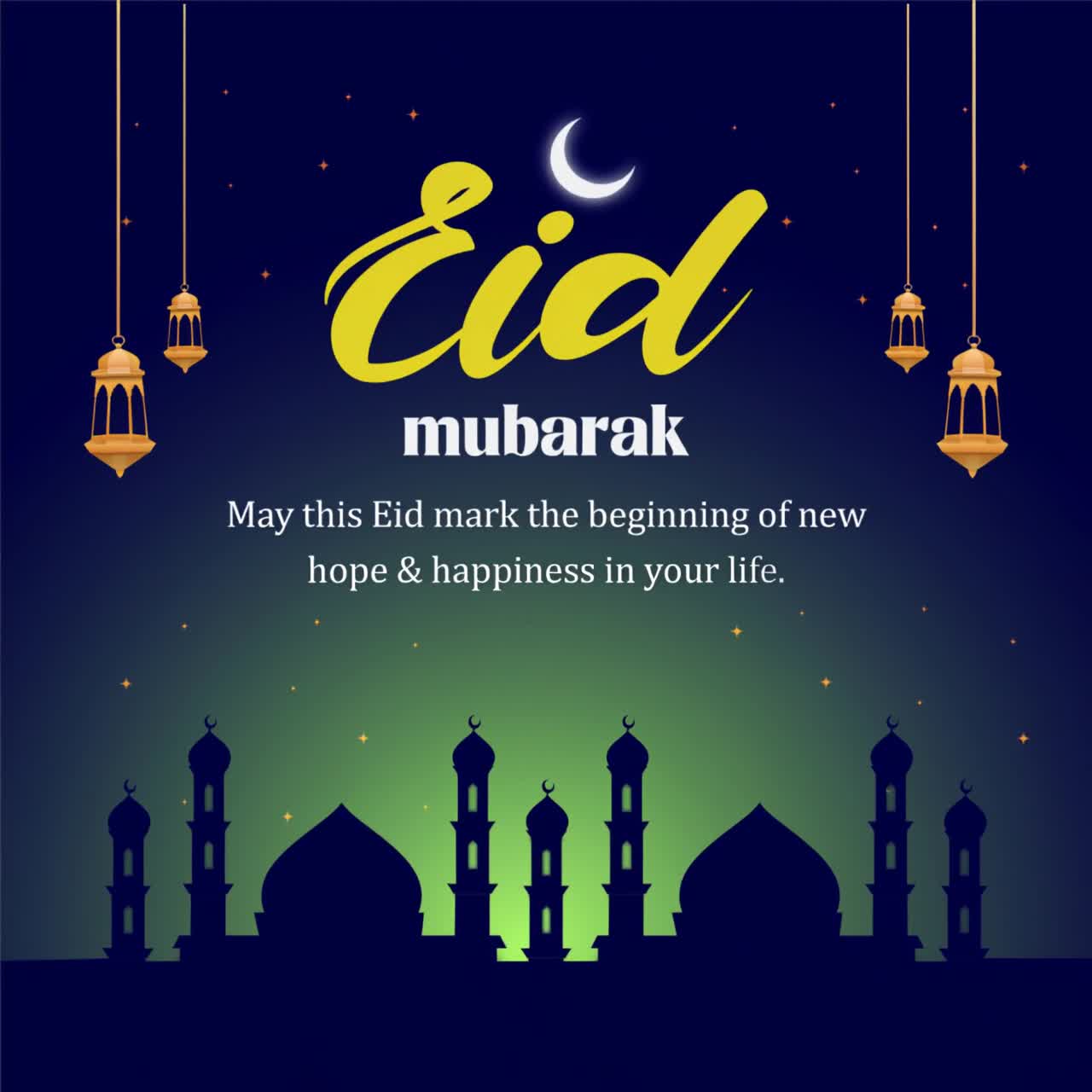 Animazione Eid Mubarak con sagoma di moschea, lanterne dorate, luna crescente su sfondo blu e verde