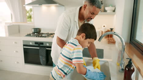 Enseñanza,-Padre-O-Niño-Lavando-Platos