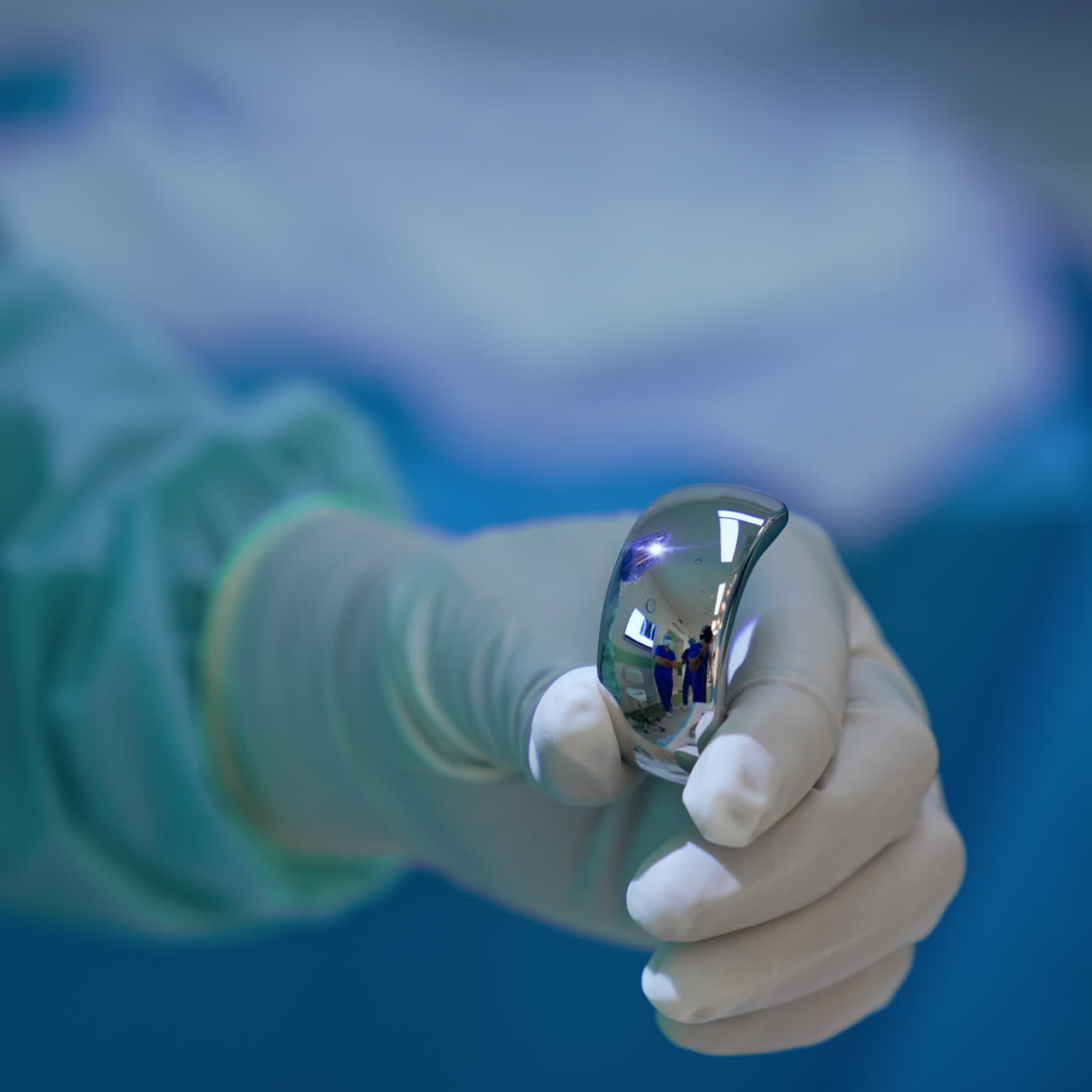 Hand in protective gloves holding a metal shiny detail for knee prosthetics. Close up. Trauma surgery on leg