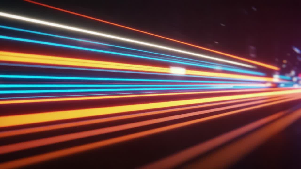 Dynamic Motion across Vibrant Neon Lines: A Journey through Speed and Colorful Illumination Captured in a Thrilling Visual Experience