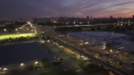 drone shot of the bronx at night. shot in new york city.