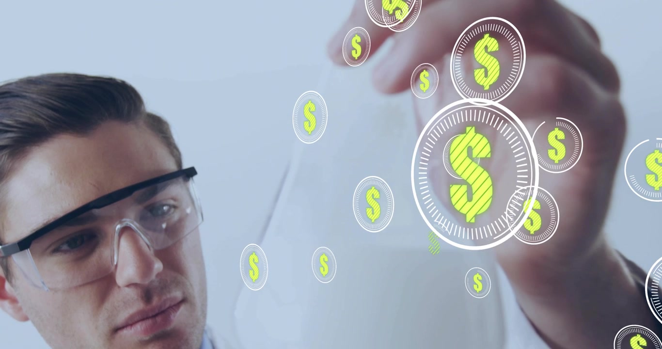 Ricercatore maschio che inclina una fiaschetta e fa moltiplicare le icone verdi del dollaro, mostrando un aumento dei profitti.