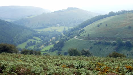 misty morning mountain valley landscape view across rural scenic heather hiking countryside