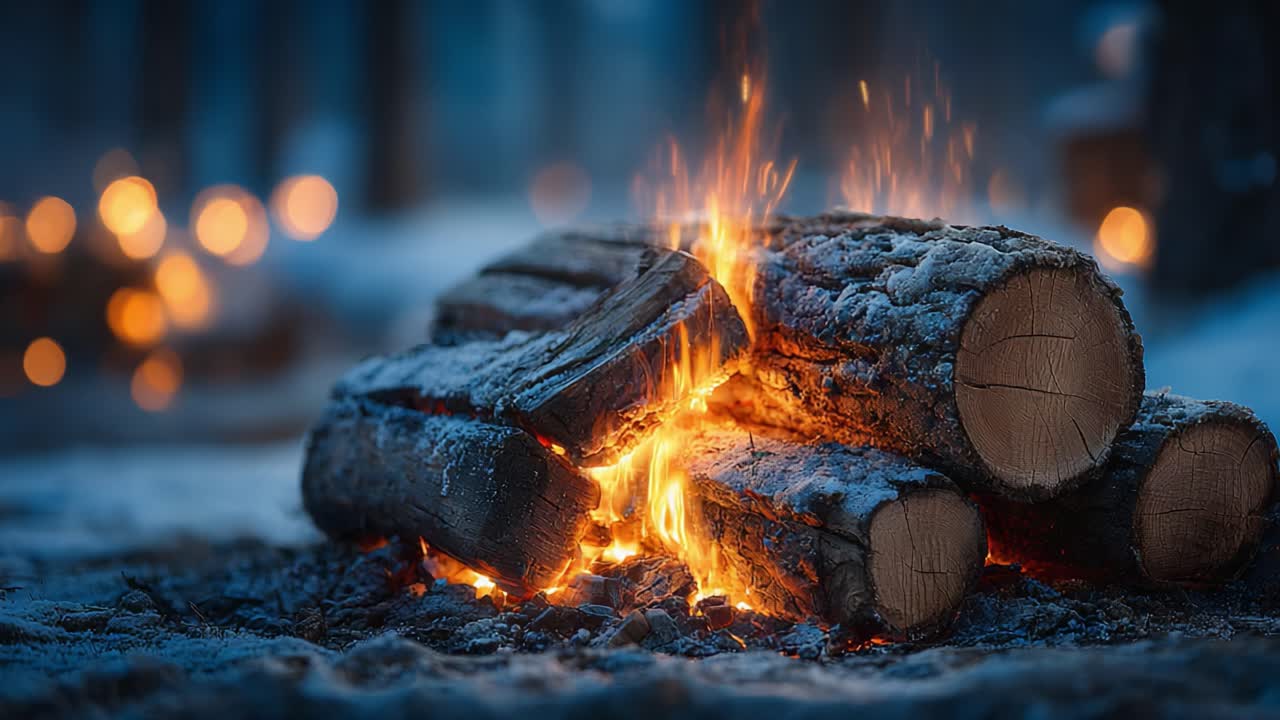A Warm Embrace: Captivating Flames Ignite the Frozen Landscape as Logs Burn Brightly, Highlighting the Beauty of Cozy Winter Gatherings by the Fire