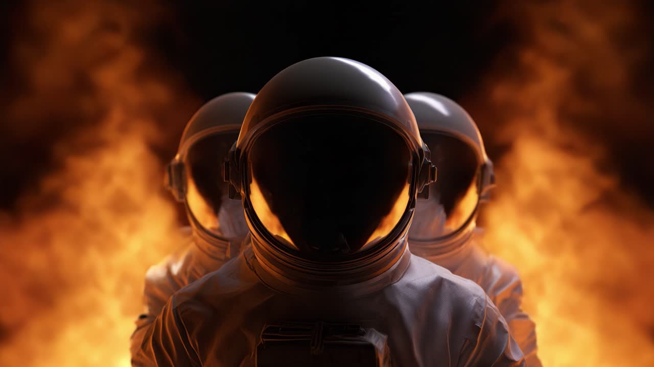Tre astronauter i rumdragter står mod en baggrund af intens ild, der symboliserer udforskning og det ukendte kosmos i en slående visuel fremvisning.