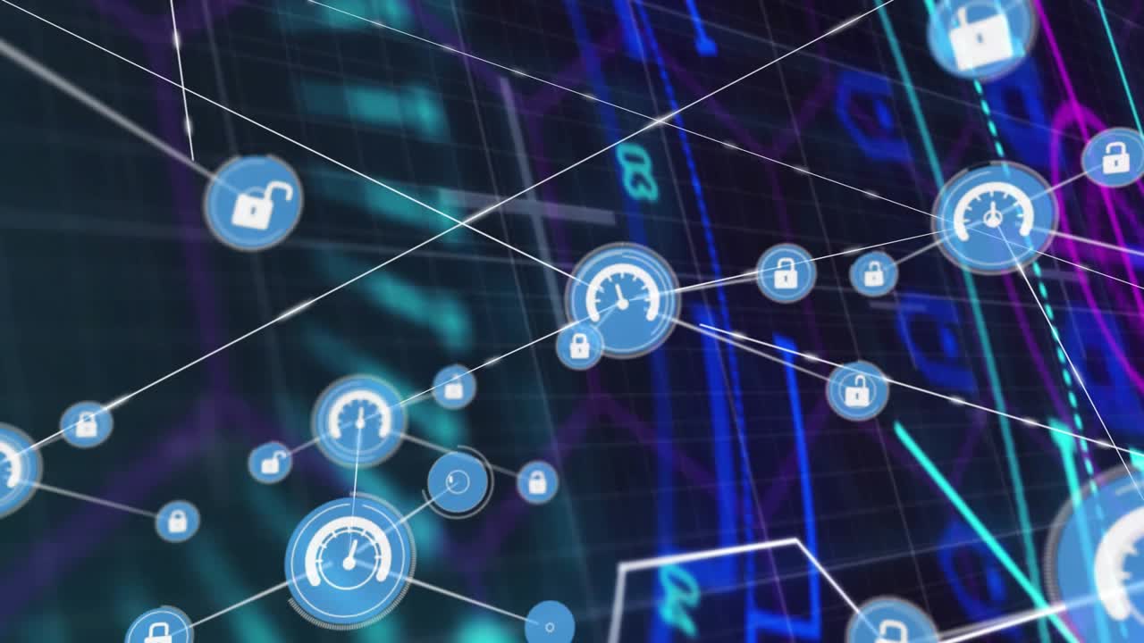 Cyan beam sweeping hex grid UI nodes appearing, linking gauges and locks, mapping network security