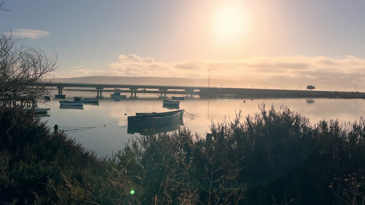 따뜻한 햇살 아래 해안가 근처에 묶인 나무 보트와 멀리 보이는 다리, 그리고 몇 대의 차가 지나가는 모습