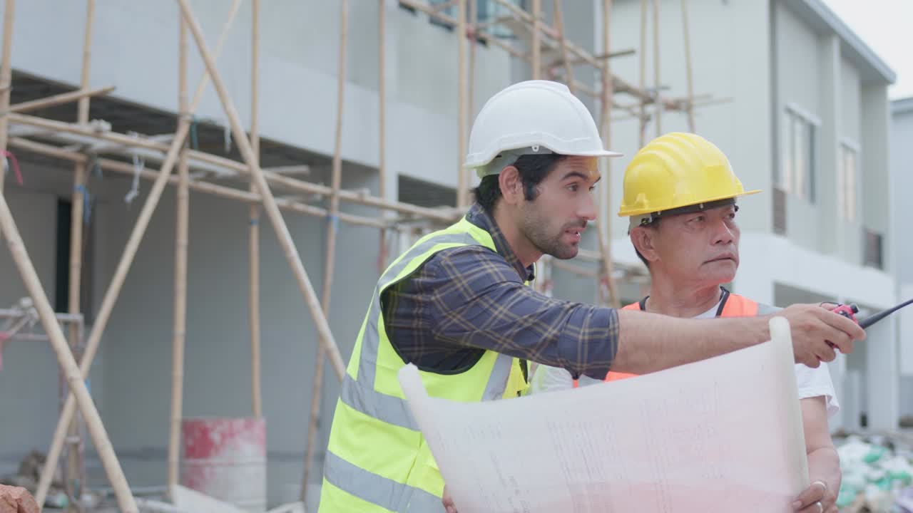 ingeniero civil o arquitecto masculino profesional, inspector con contratista, capataz o trabajador. mientras mira el plan de diseño, inspecciona, discute el proyecto de construcción de la reunión y señala el sitio de construcción.