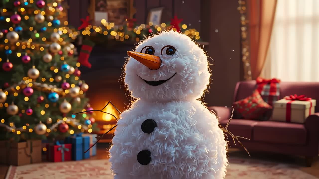 Burning fireplace causing flickering glow on snowman in cozy living room with blinking tree lights