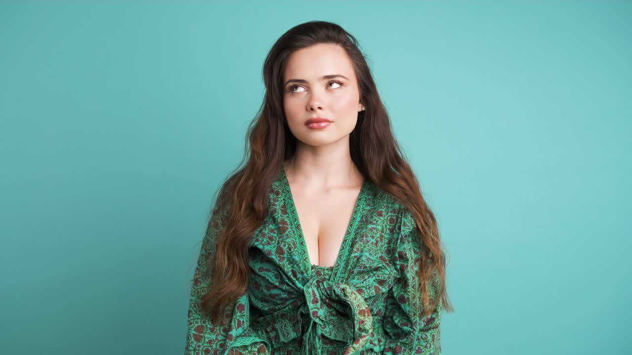 Serious young woman thinking in blue studio